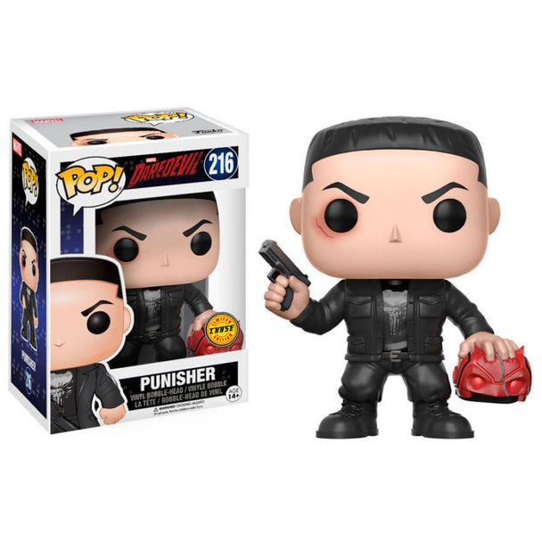 Figurine Funko POP Marvel Daredevil Punisher Chase en vinyle de 9 cm dans sa boîte cadeau, vue de face.