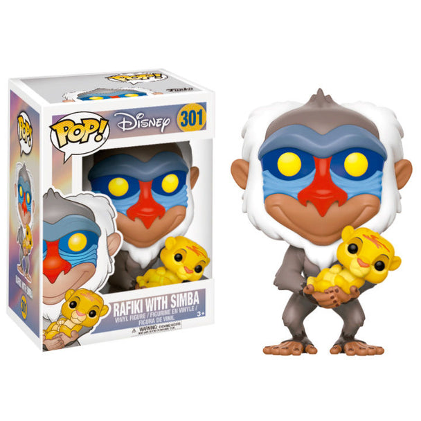 Figurine Funko POP Disney Le Roi Lion de Rafiki tenant Simba, vinyle 9cm dans sa boîte cadeau.