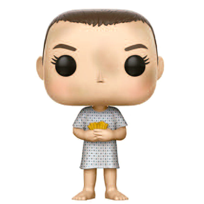 Figurine Funko POP Eleven de Stranger Things en robe d'hôpital vue de face dans sa boîte cadeau transparente
