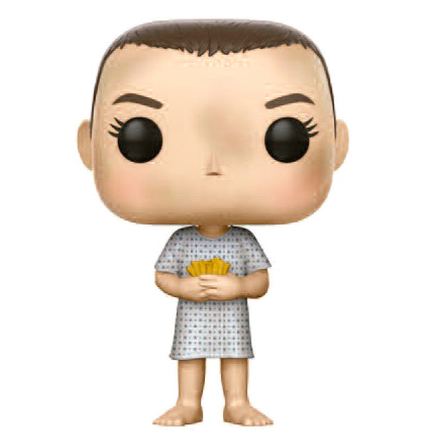 Figurine Funko POP Eleven de Stranger Things en robe d'hôpital vue de face dans sa boîte cadeau transparente