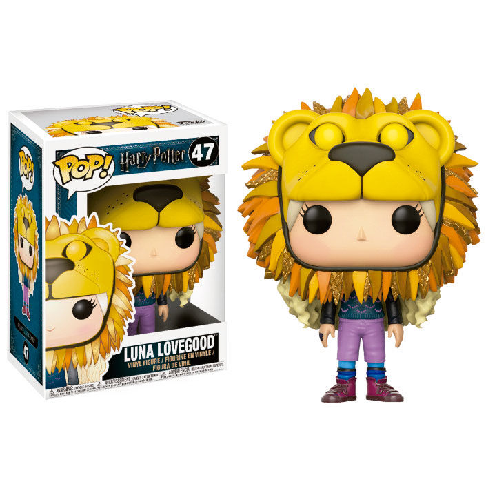 Figurine Funko POP de Harry Potter représentant Luna Lovegood avec une tête de lion, en vinyle de 9 cm dans sa boîte cadeau.