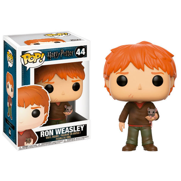 Figurine Funko POP de Ron Weasley tenant Scabbers, présentée dans une boîte cadeau de 9 cm.