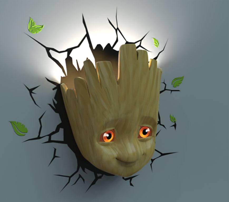 Vue de côté de la lampe 3D LED Baby Groot Face 3Dlight, montrant le détail du visage et le support mural
