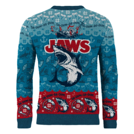 Détail du motif requin et flocons sur le pull de Noël Jaws