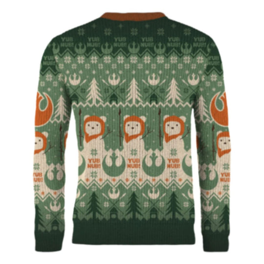 Détail du motif Ewok festif sur le pull de Noël Star Wars