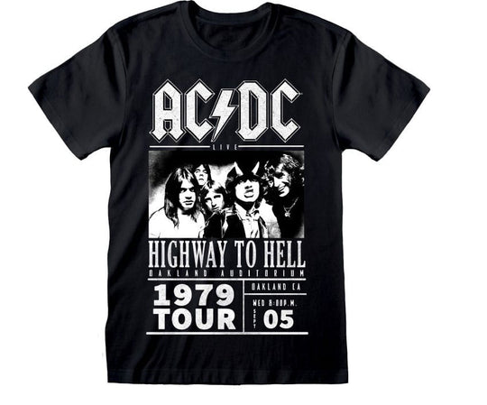 T-shirt AC/DC Highway To Hell 1979 Tour noir, sous licence officielle, 100% coton, avec le logo emblématique du groupe et le titre de l'album.