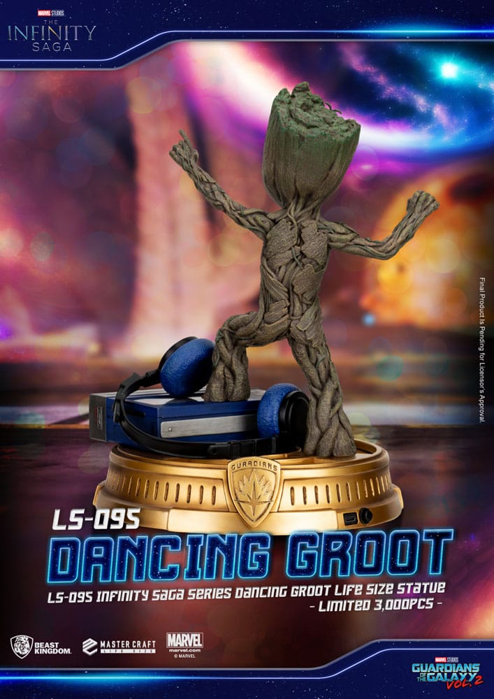 Vue latérale de la statuette Dancing Groot et son socle
