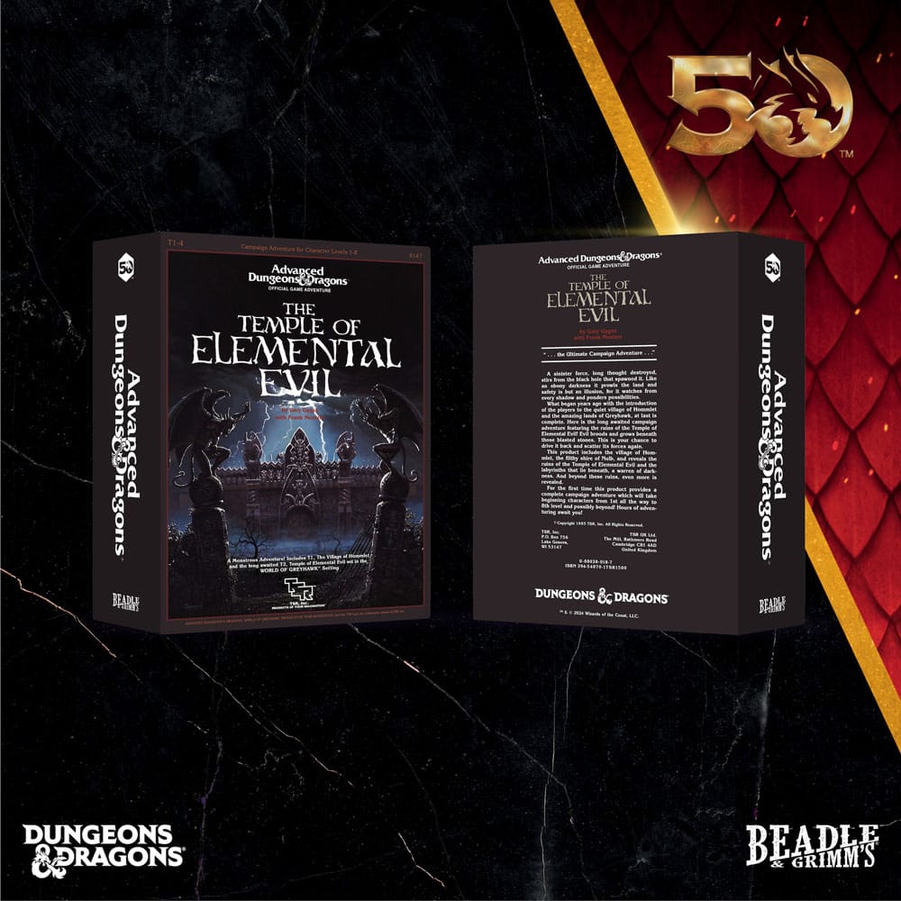 Dés D&D en résine Beadle & Grimm's posés sur une carte de The Temple of Elemental Evil