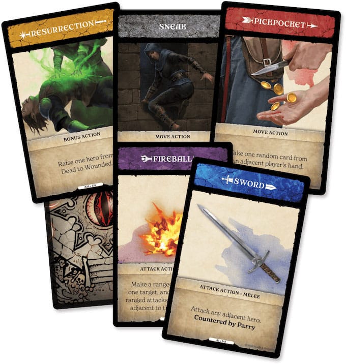 Vue d'ensemble des composants du jeu Ring of Chaos, cartes et plateau