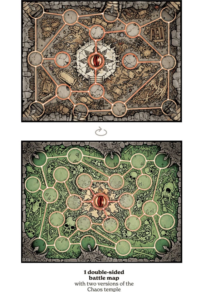 Gros plan sur les cartes d'action et de héros de Ring of Chaos