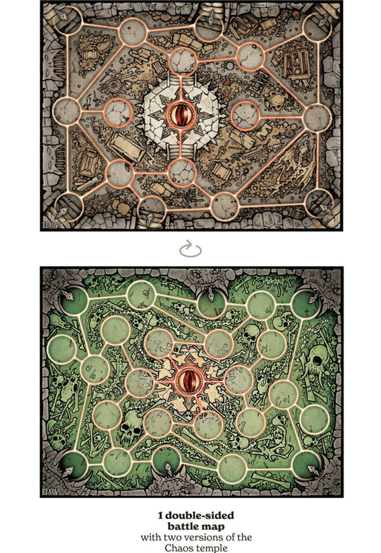 Gros plan sur les cartes d'action et de héros de Ring of Chaos