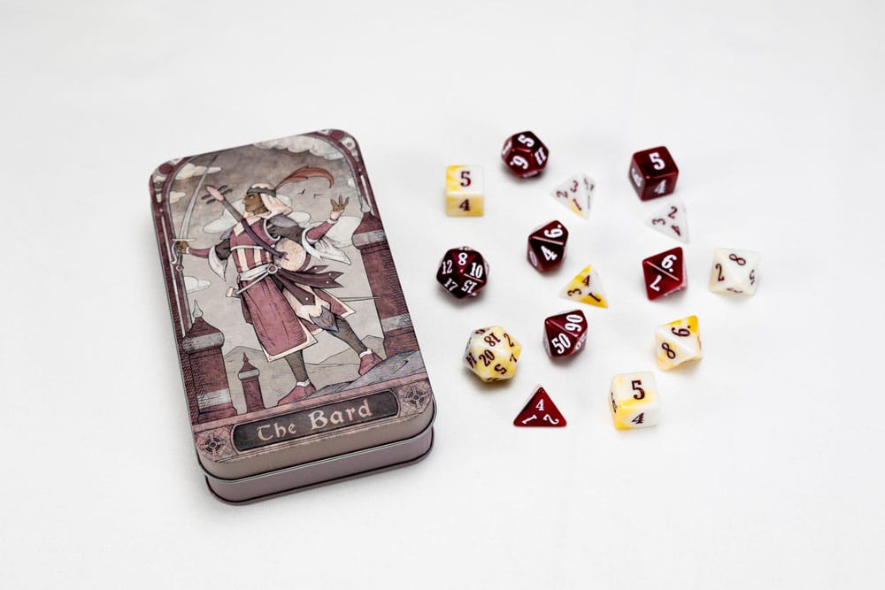 Pack de 14 dés RPG Barde en résine Beadle & Grimm's, vue d'ensemble