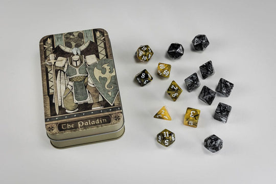 Pack de 15 dés polyédriques en résine pour Paladin, Beadle & Grimm's, vue d'ensemble