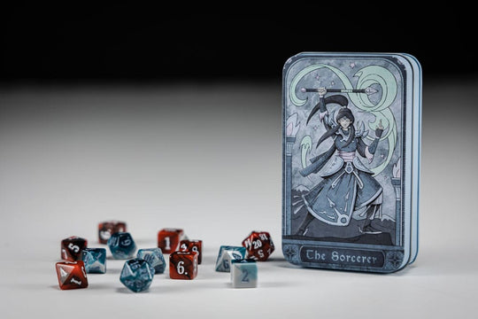 Dés RPG Sorcier Beadle & Grimm's posés sur une carte de jeu, prêts pour l'aventure