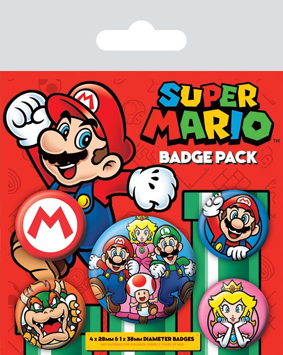 Pack de 5 badges Super Mario officiels, montrant Mario, Luigi, Toad, Yoshi et le champignon 1-Up sur un fond blanc, avec les logos Nintendo et Pyramid International.