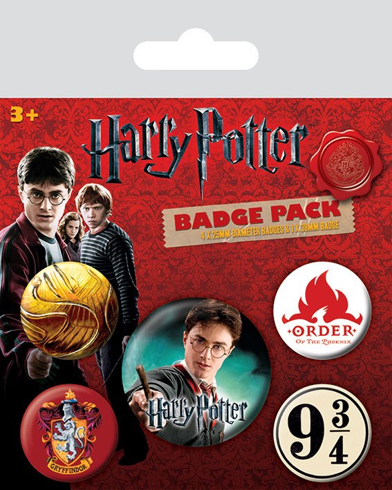 Pack de 5 badges officiels Harry Potter Gryffondor avec les blasons, le lion et les symboles de la maison
