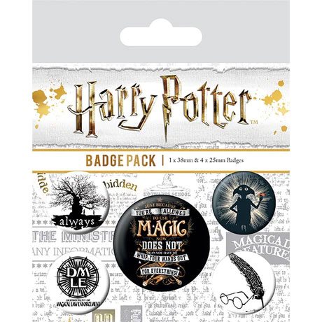 Pack de 5 badges Harry Potter officiels avec symboles emblématiques (Poudlard, Reliques de la Mort, etc.)