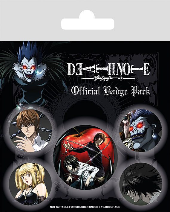 Pack de 5 badges Death Note personnages officiels Pyramid International, affichant Light, L, Ryuk et d'autres héros du manga.