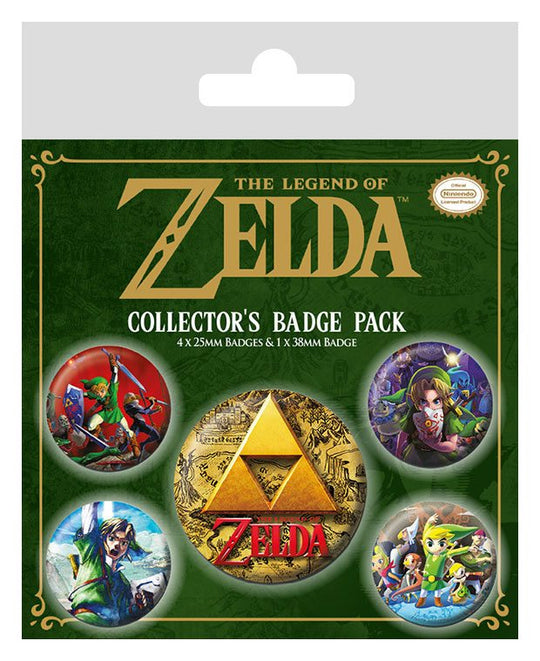 Pack de 5 badges Legend of Zelda Classics officiels, montrant les différents designs et tailles.