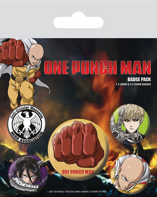 Pack de 5 badges One Punch Man Destructive sous licence officielle, montrant les différents designs et tailles.
