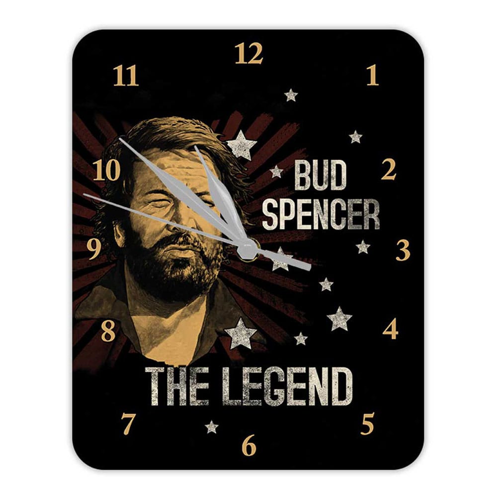 Horloge murale Bud Spencer The Legend en métal, sous licence officielle, affichant l'acteur avec son nom et le titre 'The Legend'.