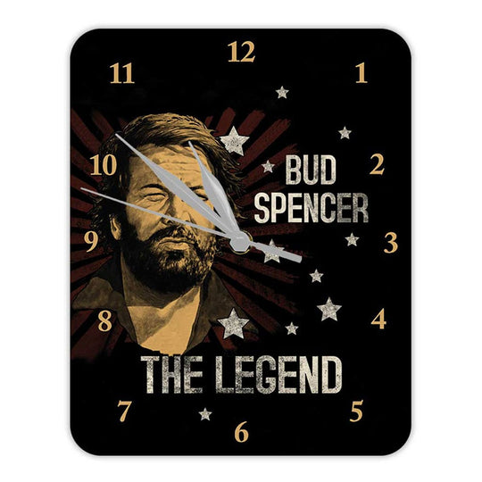 Horloge murale Bud Spencer The Legend en métal, sous licence officielle, affichant l'acteur avec son nom et le titre 'The Legend'.