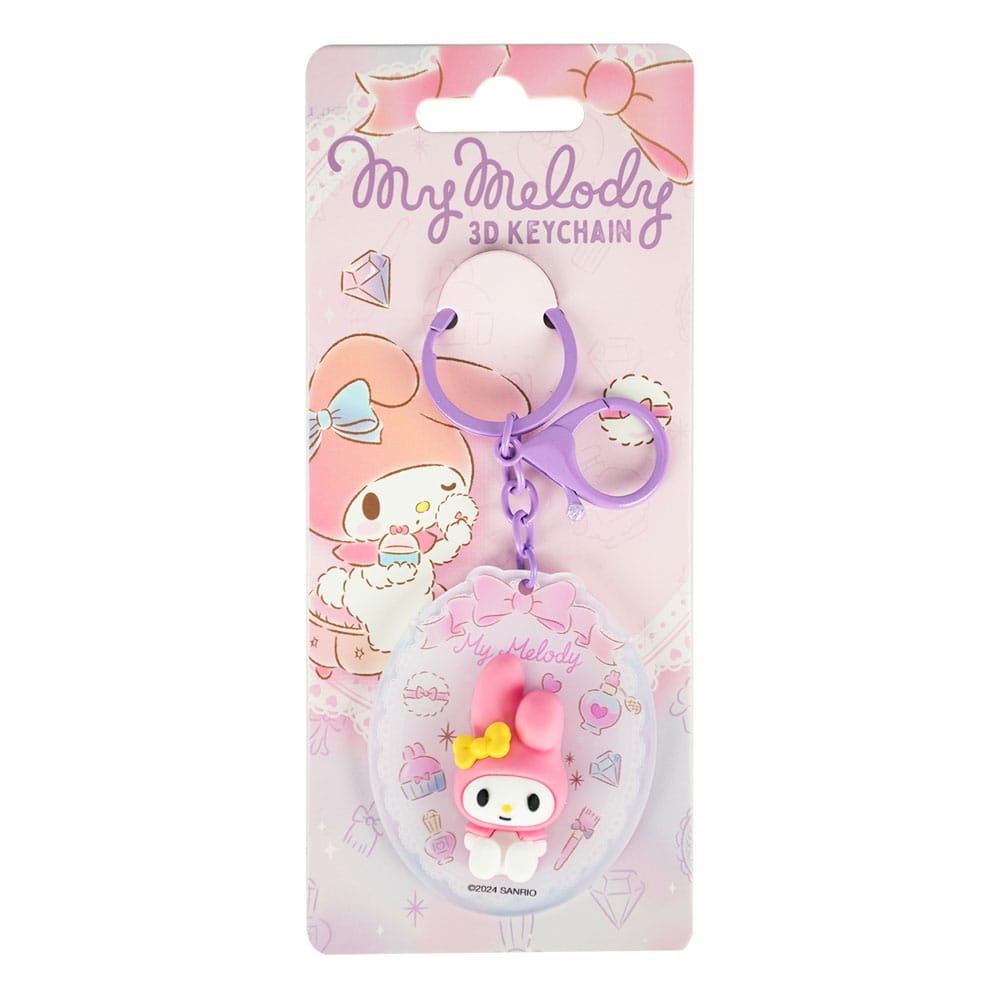 Détail du porte-clés My Melody Sanrio, montrant la qualité de l'acrylique et le design 3D
