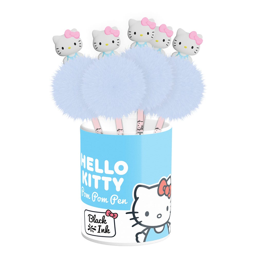 Détail du stylo Hello Kitty officiel Sanrio, montrant le pompon et le corps du stylo