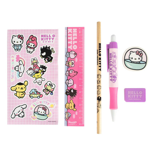 Set d'écriture Hello Kitty Sanrio officiel 6 pièces avec règle, gomme, taille-crayon, stylo, crayon et autocollants