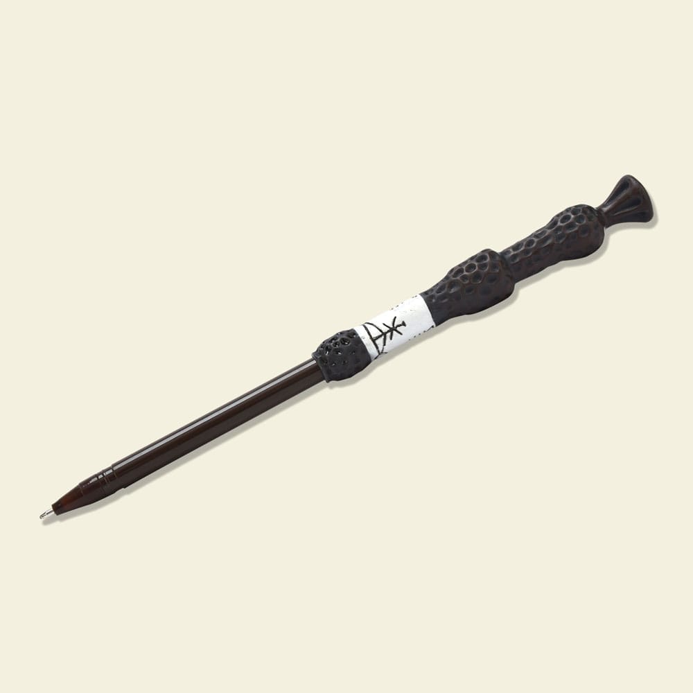 Stylo baguette Dumbledore flottant avec logo Harry Potter sur fond thématique