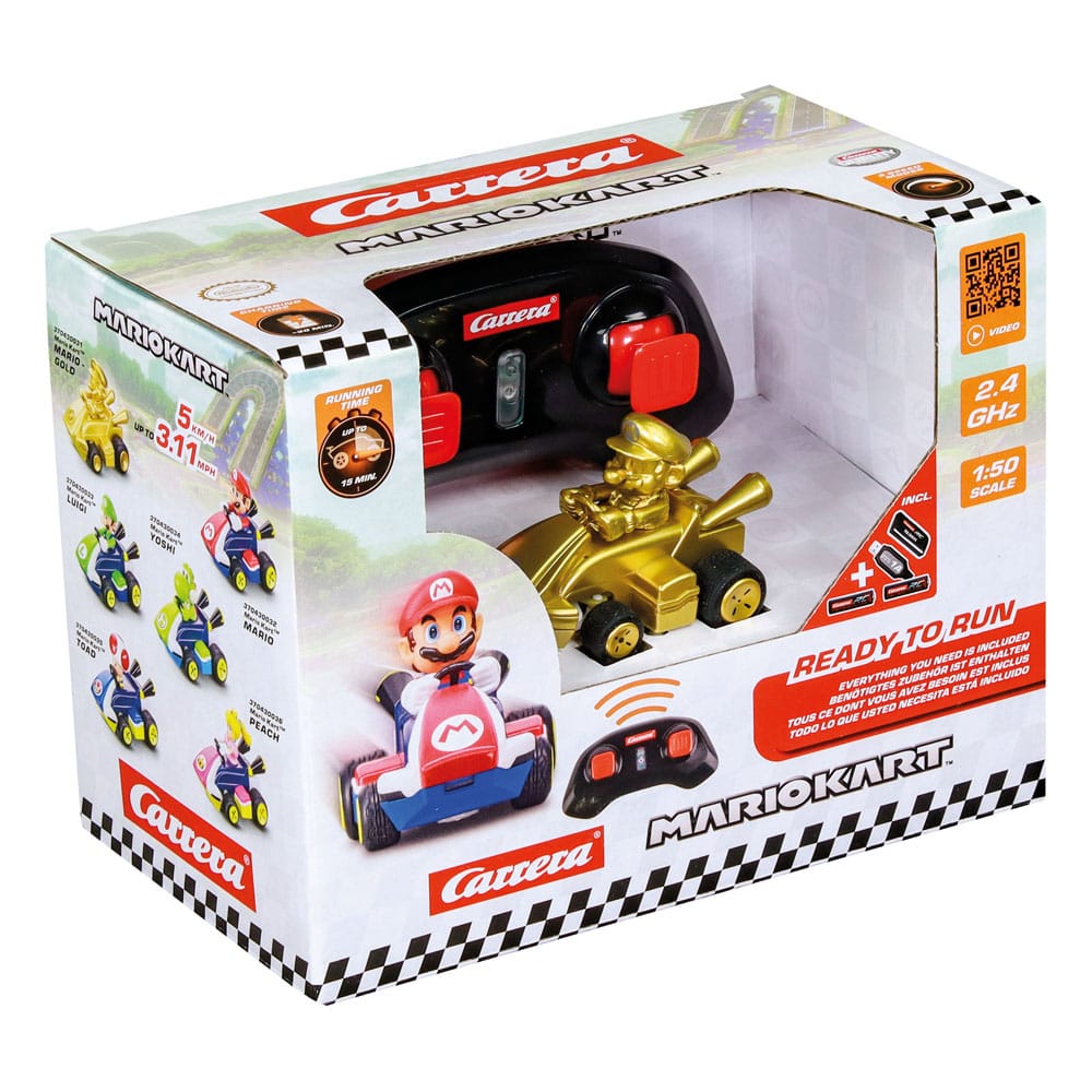 Voiture Carrera RC Super Mario Kart Mini Mario Gold posée sur une surface