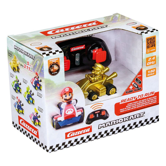 Voiture Carrera RC Super Mario Kart Mini Mario Gold posée sur une surface