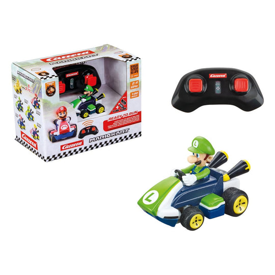 Mini Luigi RC Carrera en pleine course sur une piste