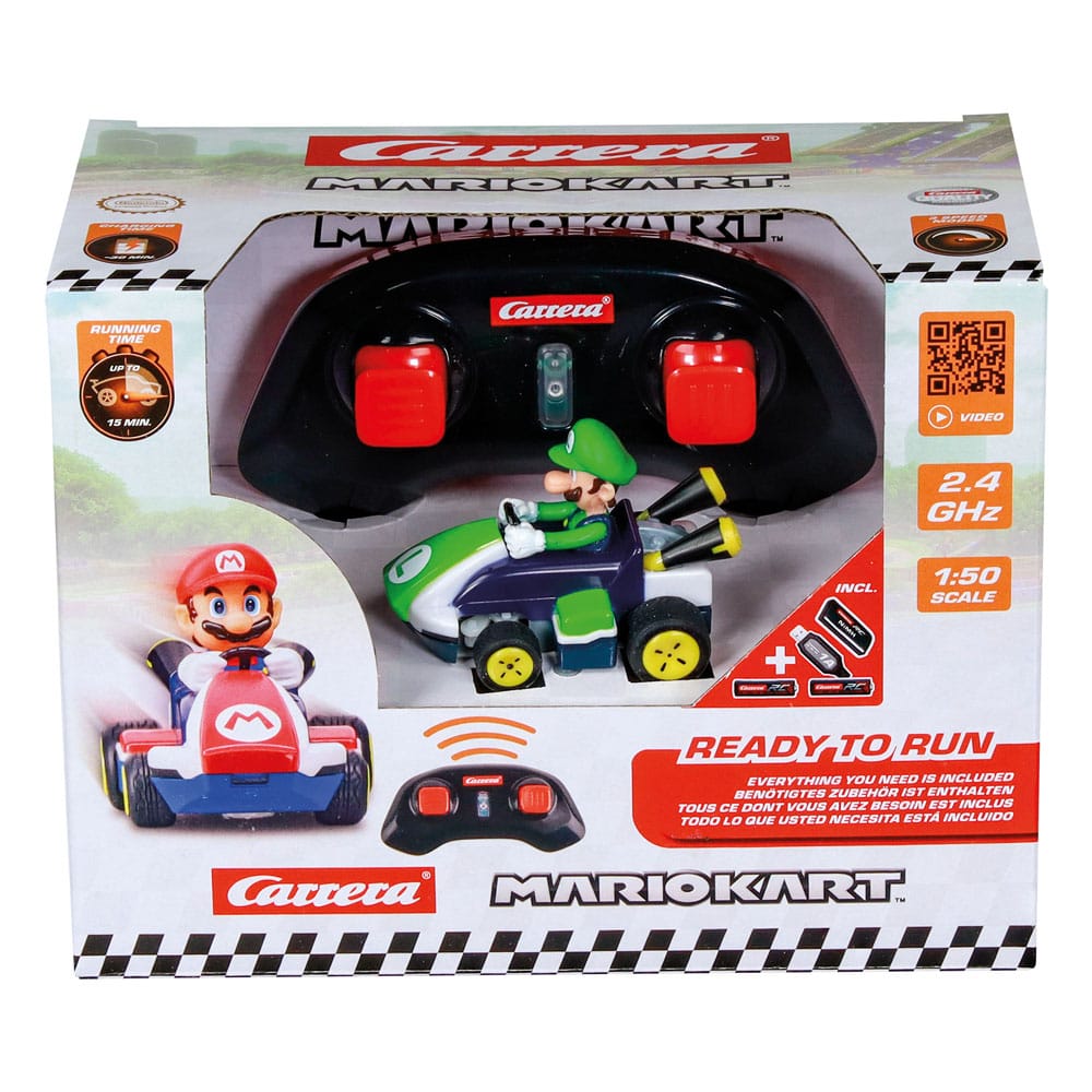 Voiture télécommandée Carrera RC Mini Luigi sur un fond neutre