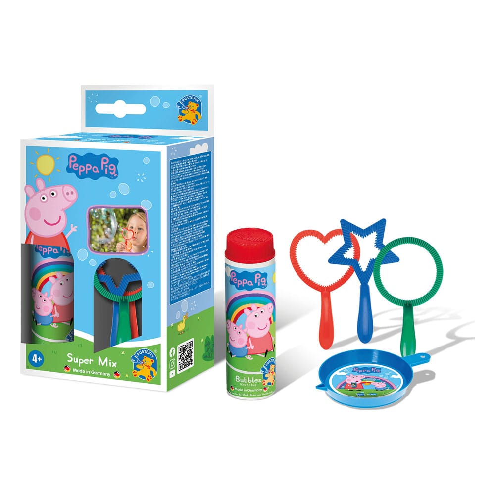 Détail d'un pack individuel de bulles Peppa Pig Pustefix avec moules et assiette