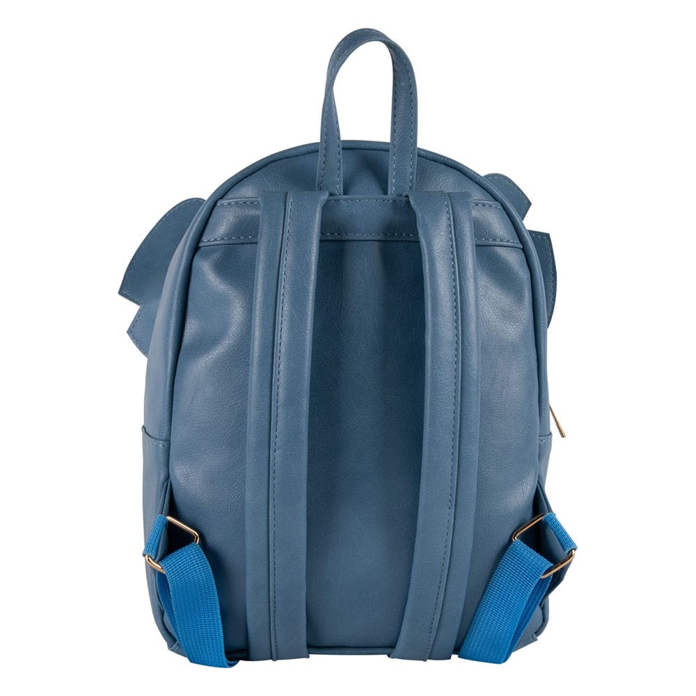 Détail du mini sac à dos Stitch Kisses, texture cuir PU et logo officiel