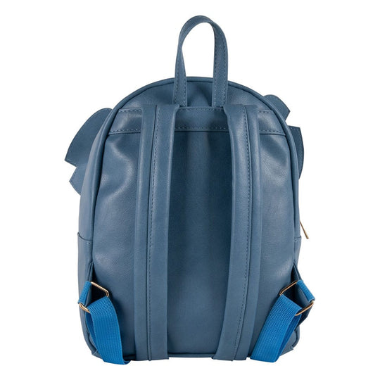 Détail du mini sac à dos Stitch Kisses, texture cuir PU et logo officiel