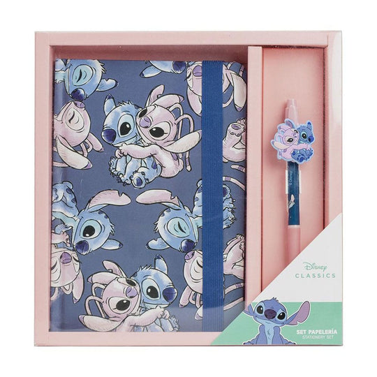 Set de papeterie Lilo & Stitch Cerdá avec carnet et stylo dans une boîte cadeau bleue et rose