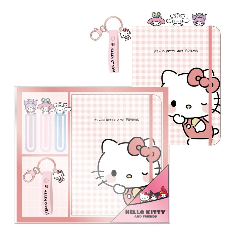 Set de papeterie Hello Kitty Sanrio Cerdá avec carnet, porte-clés et trombones, présenté dans une boîte cadeau.