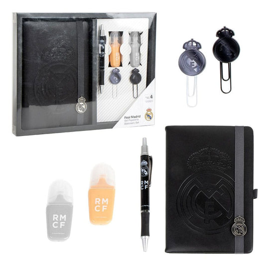 Set papeterie officiel Real Madrid Cerdá complet avec carnet, stylo, surligneurs et trombones, présenté dans sa boîte cadeau
