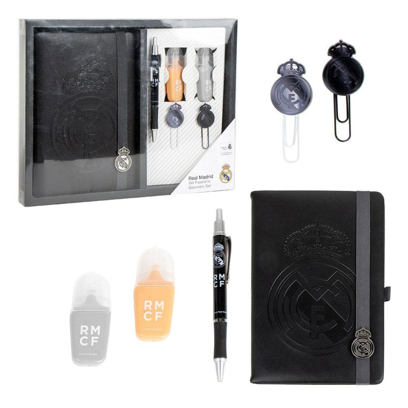 Set papeterie officiel Real Madrid Cerdá complet avec carnet, stylo, surligneurs et trombones, présenté dans sa boîte cadeau