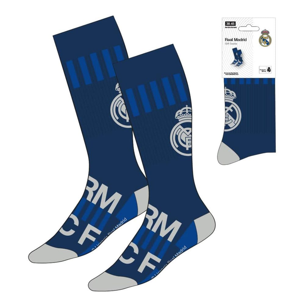 Chaussettes de football officielles Real Madrid bleues Cerdá, taille 38-45, avec logo du club.