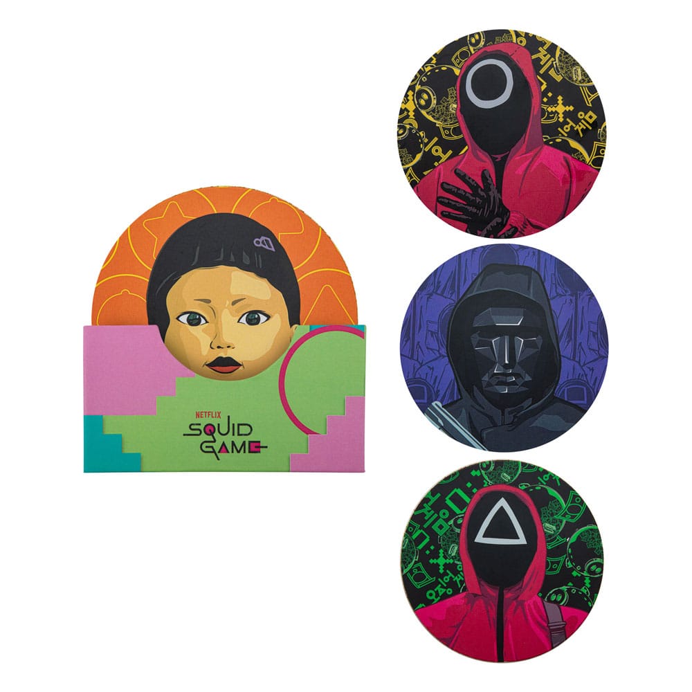 Pack de 4 sous-verres officiels Squid Game Cinereplicas avec motifs emblématiques