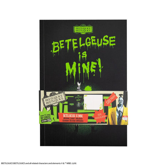 Détail de la couverture souple du carnet Beetlejuice, texte Betelgeuse is Mine