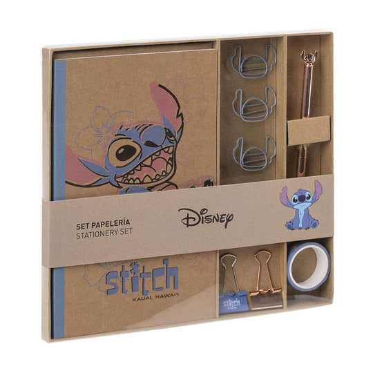 Set d'écriture Lilo & Stitch Cerdá avec stylo, bloc-notes A5, trombones Stitch et ruban washi, présenté sur fond clair.