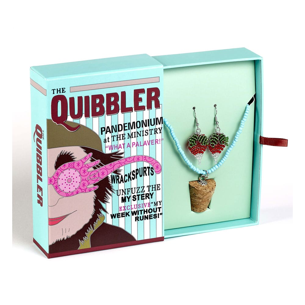 Coffret cadeau Harry Potter Quidditch et Luna Lovegood ouvert, présentant le collier et les boucles d'oreilles dans leur écrin