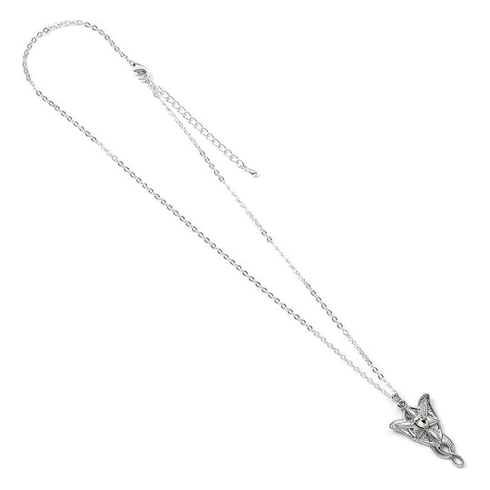 Pendentif Evenstar Le Seigneur des Anneaux et son collier argenté sur fond blanc