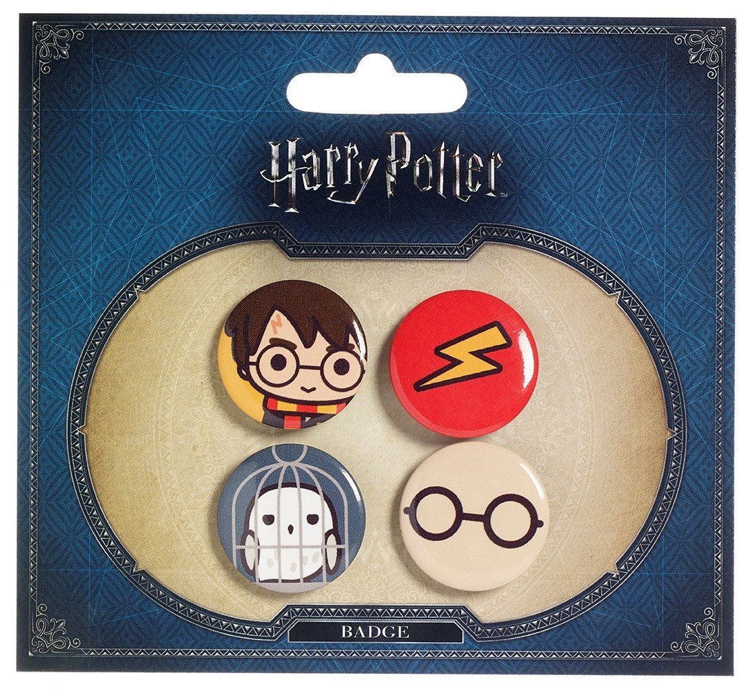 Pack de 4 badges officiels Harry Potter Cutie avec Harry, Hedwig et autres personnages