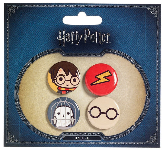 Pack de 4 badges officiels Harry Potter Cutie avec Harry, Hedwig et autres personnages