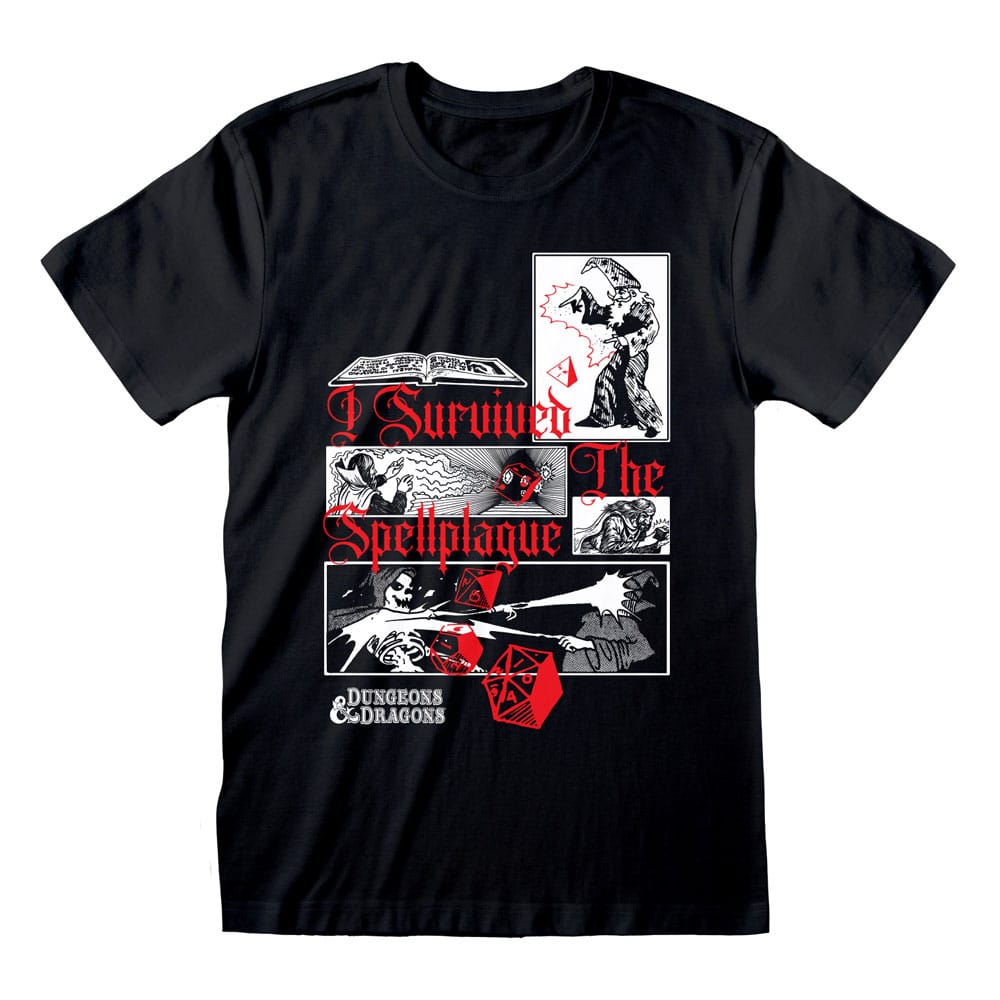 T-Shirt Dungeons & Dragons I Survived The Spellplague noir, taille L, avec le logo et texte blanc, sur fond clair